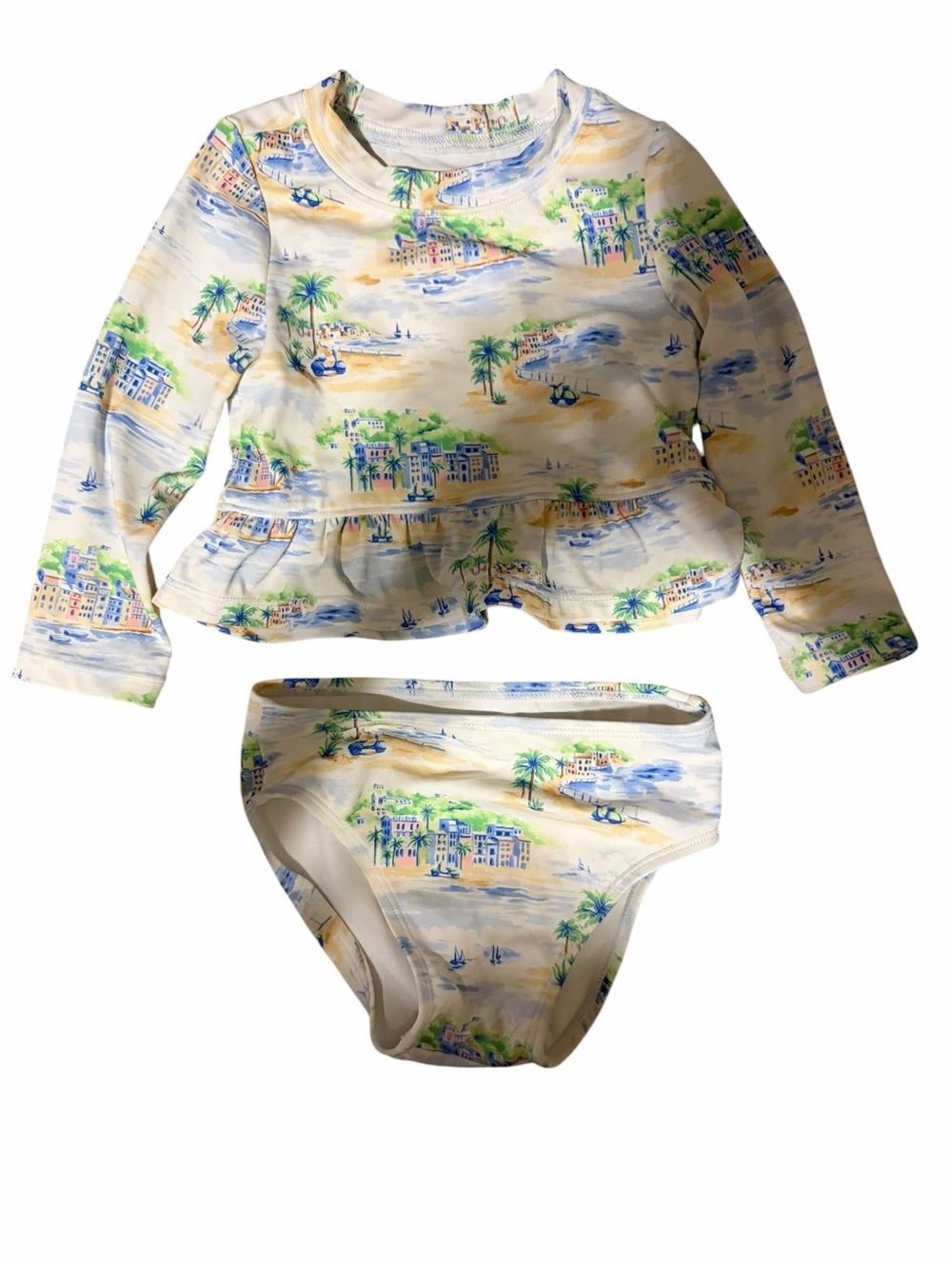 Janie and Jack Cream Top & Bottom set with Blue and Green Coastal Print
